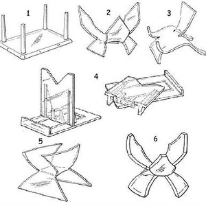 May include: Six different black and white line drawings of paper folding designs. The designs are numbered 1 through 6.