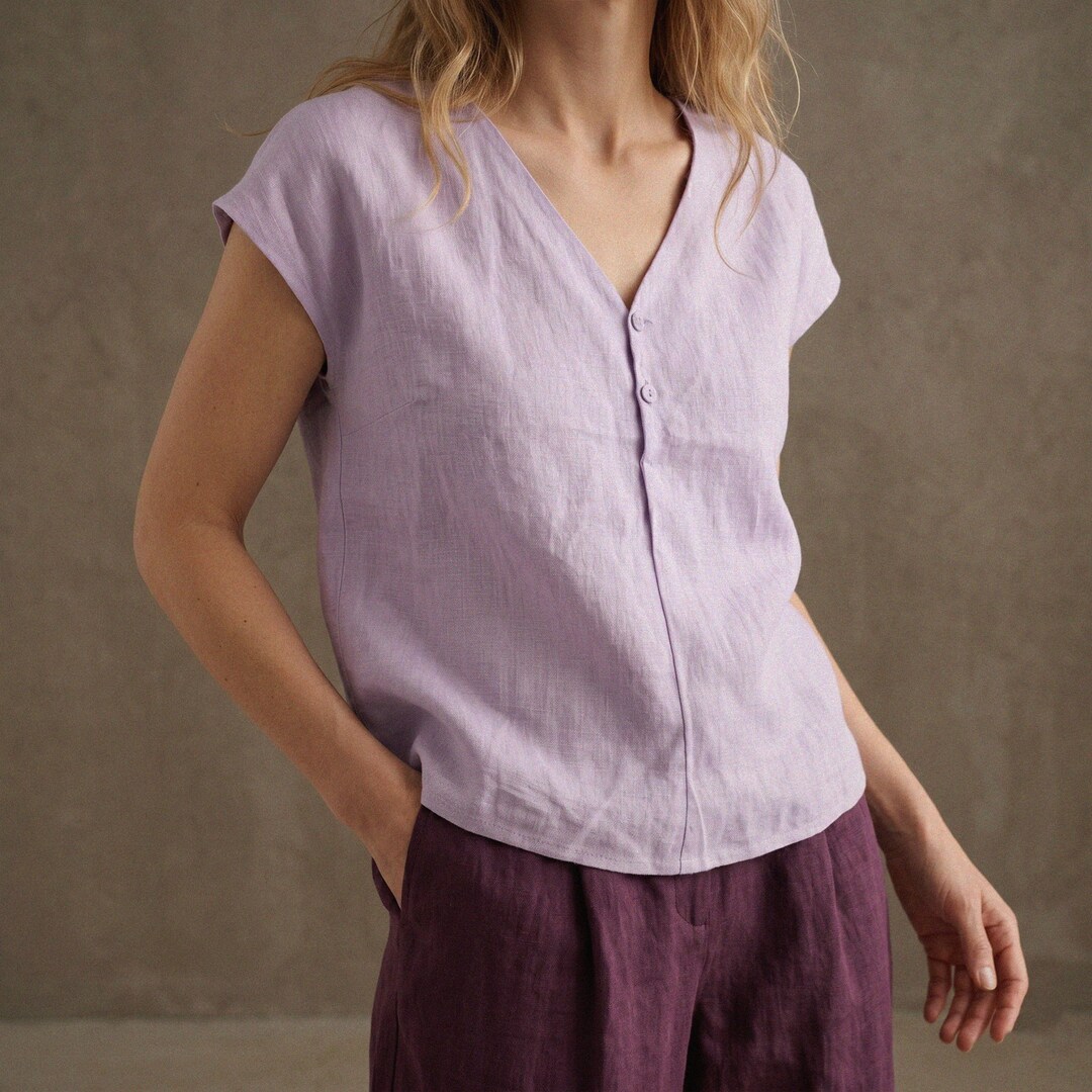 Linen V Neck Blouse, Blue Short Sleeve Linen Shirt, Summer Boho Top ...