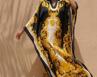 Kwiatowy jedwabny maxi kaftan, botaniczna suknia w stylu resort, narzutka plażowa, niezbędnik na rejs