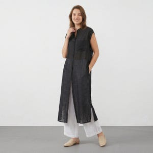 Vestido camisero de lino negro (sin pantalones), gabardina larga sin mangas, vestido maxi abotonado, chaleco de verano para superponer capas, ropa minimalista para mujer.