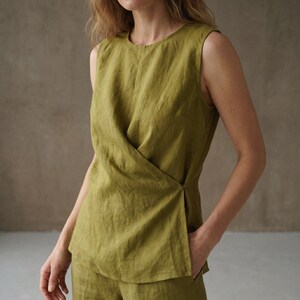 Linen Wrap Tank Top, Sleeveless Mustard Green Linen Blouse, Side Tie Summer Shirt, Minimalist Asymmetric Top, Sustainable Boho Clothing
