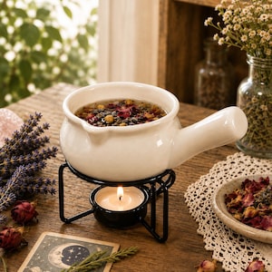 May include: A white ceramic pot with a single handle sits atop a black metal stand containing a lit tea light candle. The pot is filled with water and a mixture of dried flower petals and herbs, creating a warm infusion for aromatherapy.