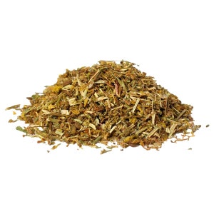 May include: A pile of dried St. John's Wort herb, a yellow-green color, with some stems and leaves visible.
