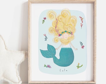 Mermaid Print, Nursery Art, Newborn Gift Print, Kids Room Decor, Mermaid Theme Art, Personalised Name Print, Print for Girls Bedroom,