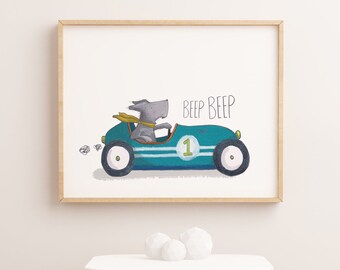 Print hondenauto: gepersonaliseerde kinderkamerkunst, decoratie speelkamer