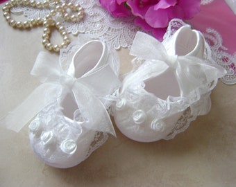 Christening/Baptism Baby Shoes - White Satin and Lace