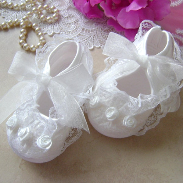 Christening/Baptism Baby Shoes - White Satin and Lace