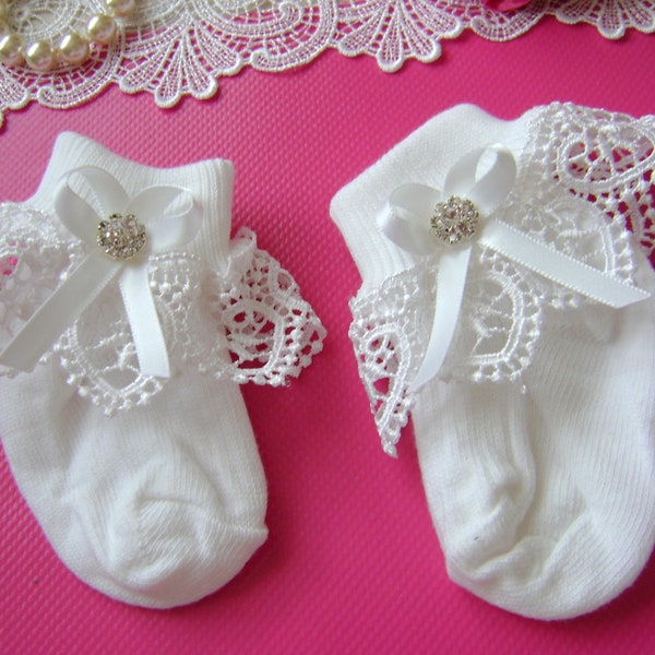 Pretty  White Frilly Heart Lace Socks with Rhinestone
