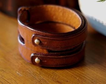 Handmade Leather Double Strap Bracelet, Solid Brass Button Studs