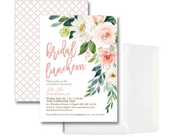 Coral White floral Watercolor Bridal Shower Bridal Luncheon Invitation