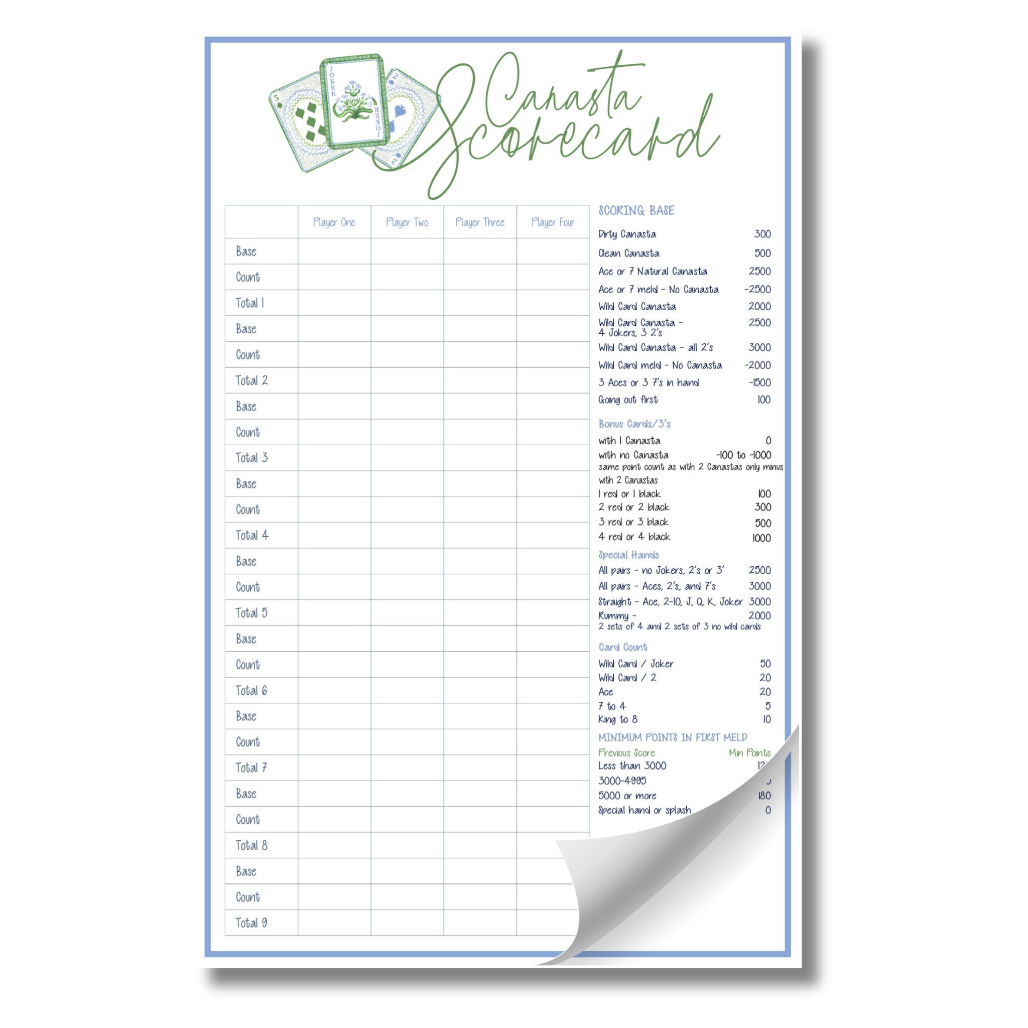 Canasta Scorecard Notepad - 5x7 Scorecard Pad With 25 Tear-off Score ...