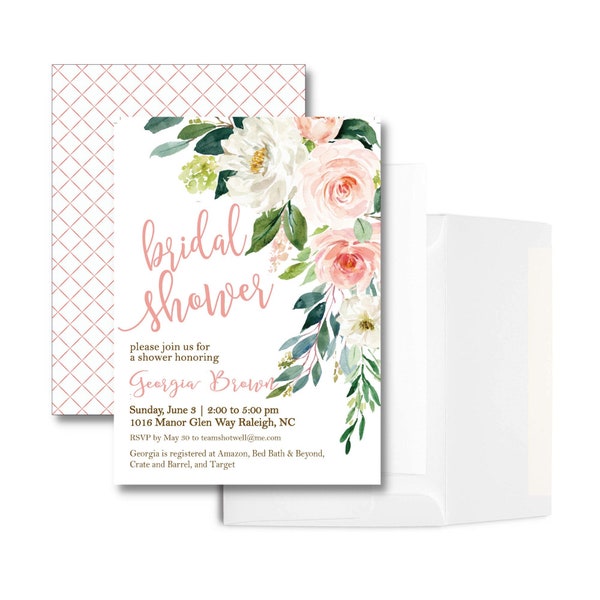 Coral White floral Watercolor Bridal Shower Bridal Luncheon Invitation