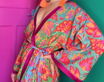 Crepe de chine lounge robe. Handmade, comfy, soft, unisex kimono. Perfect for; Burning Man, festival, rave, chill - Folklorico print