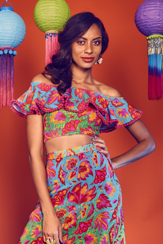Lycra Festival Pom Pom Frill Crop Top off the Shoulder Dance Performance Club Burning Man Two Piece Vendala Print Etsy