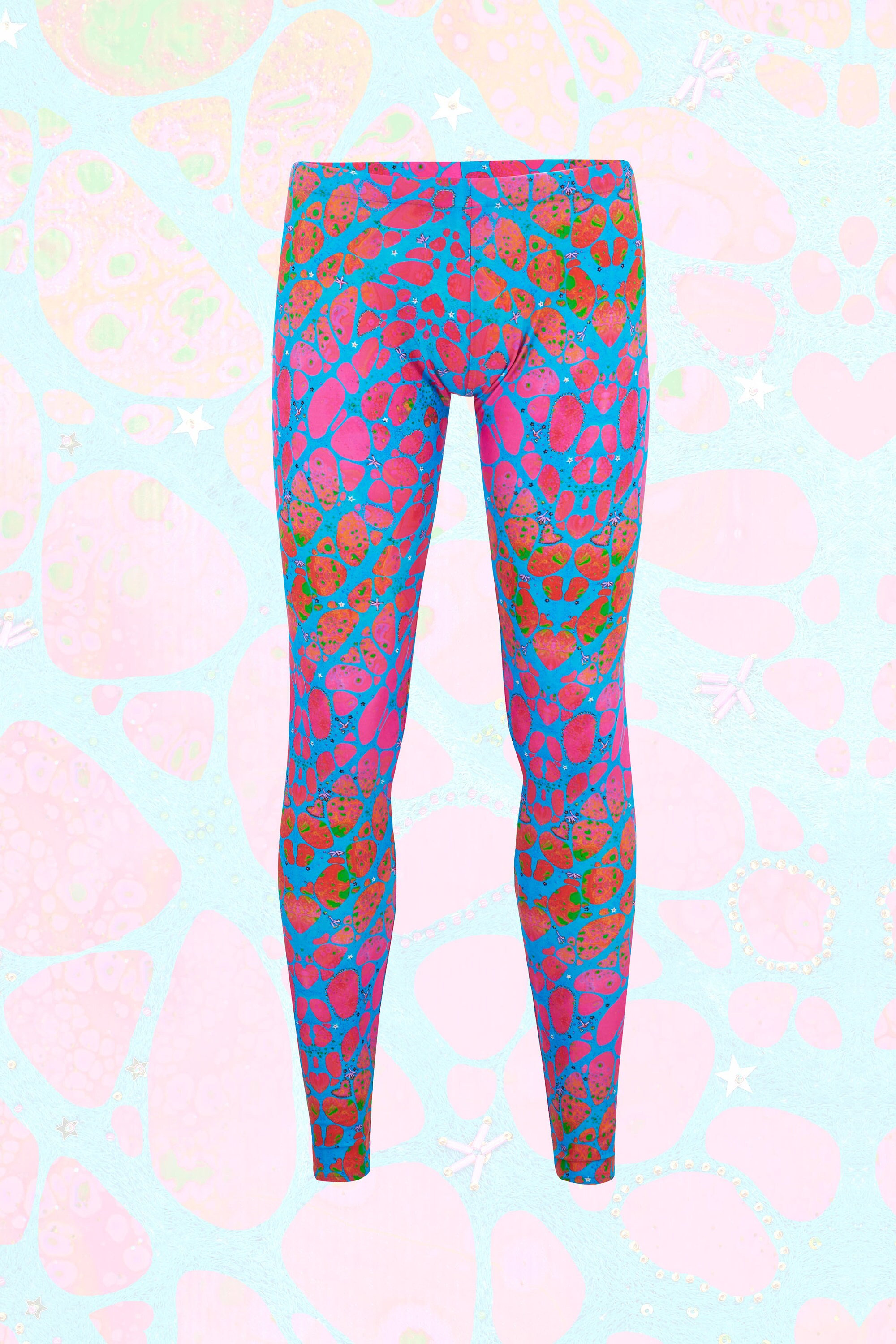 Image of Körpermitose Mens Leggings, Printed Festival Leggings, Psychedelic Pattern, Pink & Turquoise