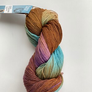 Peut inclure: Une pelote de laine de couleur marron, verte, bleue et violette avec l'étiquette "Fleece Artist Organic Cotton Sock" visible.