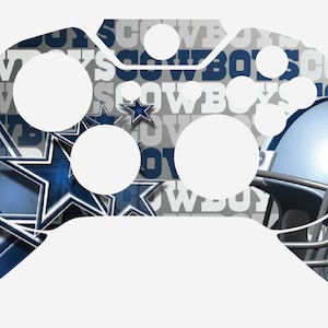 May include: A white Xbox controller skin with a Dallas Cowboys theme. The skin features a blue and white star pattern, the words "Cowboys" repeated, and a blue and white football helmet.