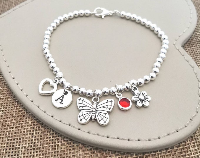 Personalised charm bracelet, multi charm bracelet, personalized bracelet, charm jewelry, gift for her,silver charm jewelry, butterfly, sun