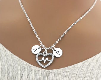 Couples initial necklace, heart beat necklace, Couples necklace set, couples necklace sets of 2, couples heart necklace, matching necklaces,