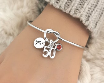 50th Birthday Bracelet: Personalized Initial Charm Bangle