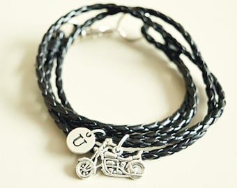 Motorcycle Bracelet, Biker Bracelet, Motorbike gifts, Gift for Boyfriend, Motorcycle Charm , Mens bracelet,Leather bracelet,Black Bracelet