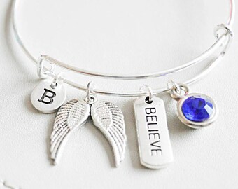 Believe Bracelet, Inspirational Gift, Inspirational Bracelet, Gift For Her, Gift for Daughter,Faith Jewellery, Angel wing Bangle, Charm Gift