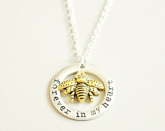 Forever Necklace, Forever In My Heart , Charm Silver, Memorial Necklace, RIP Necklace, Sympathy Gift, remembrance jewelry gift, Bee Charm
