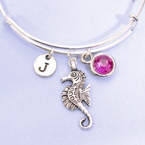 Op de afbeelding: Zilveren armband met een roze kristal, een zilveren bedel in de vorm van een zeepaardje en een zilveren bedel met de letter J.