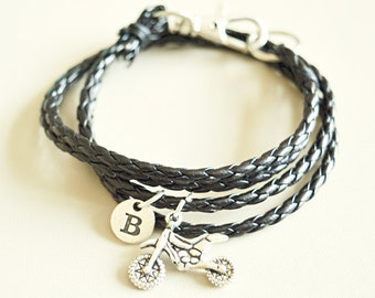 Motorcycle Bracelet, Biker Bracelet, Motorbike gifts, Gift for Boyfriend, Motorcycle Charm , Mens bracelet,Leather bracelet,Black Bracelet