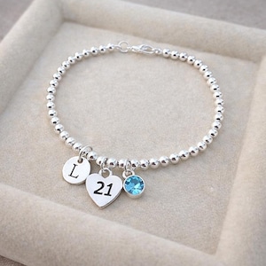 Armband 21e verjaardag met geboortesteen en initiaal, 21e verjaardagscadeaus, gepersonaliseerde 21e armband voor haar, nichtje dochter, 21e cadeaus