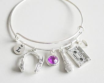 Music Lover Gift, Music Bracelet, Singer Bracelet, Musical Jewelry, Musician Gift, Birthday, Christmas, Cassette, Headphone, Microphone