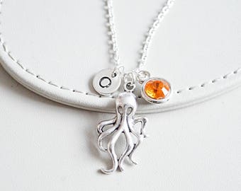 Octopus Necklace, Octopus Gift, Octopus Jewelry, Octopus charm, Sea life necklace, Trendy Gift for her, Trendy jewelry, Birthstone necklace
