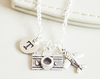 Travel Necklace, Travel Jewelry, Travel Buddy, Camera Necklace, Camera Charm, Journalist Gift, Airplane,Air Plane, Traveller, Photographer