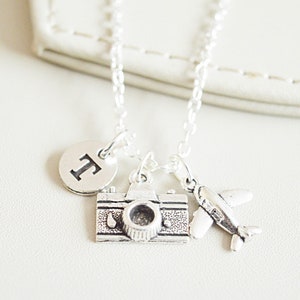 Travel Necklace, Travel Jewelry, Travel Buddy, Camera Necklace, Camera Charm, Journalist Gift, Airplane,Air Plane, Traveller, Photographer