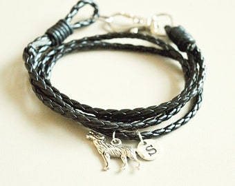 Wolf Bracelet, Black Wolf Bracelet, Wolf gifts, Gift for Boyfriend, Animal Charm, Mens bracelet, Leather bracelet, Coyote, Wild Animal, Fox