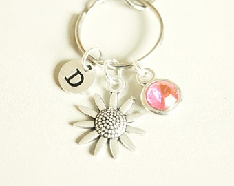 Antique Bronze Plated Flower Keyring Nature Daisy Gardening Florist Key Chain
