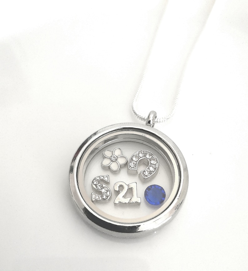 Puede incluir: Collar con un colgante de medall&oacute;n plateado adornado con una gema azul, un dije de herradura, un dije de flor y las letras "S" y "21" con diamantes de imitaci&oacute;n.
