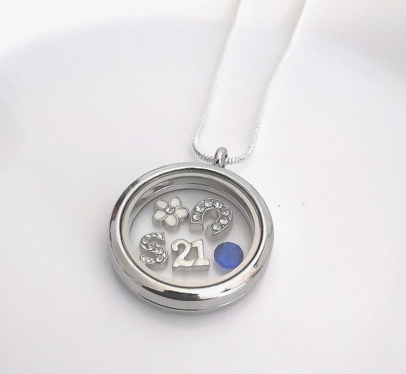 Puede incluir: Collar de plata con un colgante de medall&oacute;n que contiene una piedra azul, un amuleto de herradura, un amuleto de flor y las letras 'S' y '21'.