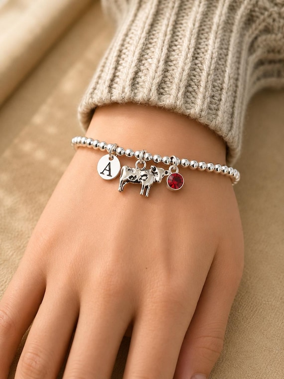 Cow Bracelet, Cow Lover Gift for Women, Initial Birthstone Bracelet, Farm Animal Jewellery, Birthday Christmas Gift for Her