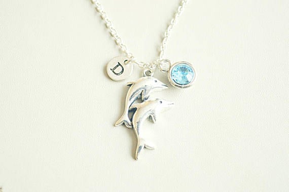 Dolphin Necklace, Dolphin charm necklace, Dolphin Gift, Dolphin Jewelry, Two Dolphins, Sea-life, Ocean, Sisters, BFF, Friends, Birthday gift