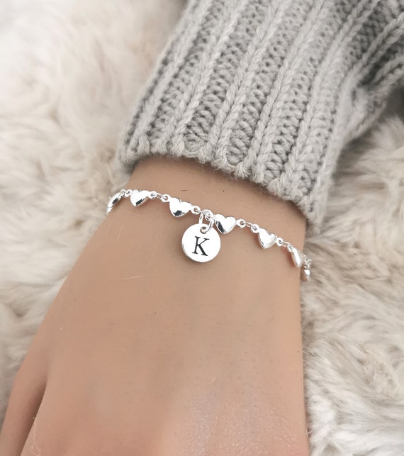Initial charm bracelet, initial bracelet women, initial disc bracelet, custom initial bracelet, initial pendant, initial heart bracelet,