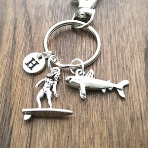 Surfer gifts, Surfer Keychain, Surfer Birthday gift, Surf board Keyring, Shark Keychain, Shark keyring, Surfboard charm gift, Shark gift