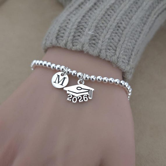 2026 Graduation Bracelet, Silver Plated Beads, Initial Charm