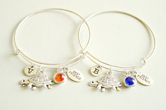 Tortoise Bracelet Set, BFF gift idea, BFF Bangle, Bff bracelets set, Set of Two, 2 best friend bracelets, Matching, Custom, initial, Charm
