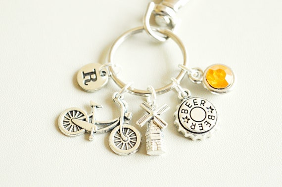 Amsterdam gifts , Amsterdam jewelry, Holland keychain, Dutch Keyring, Gift for Dutch, Dutch gifts, Bicycle, Beer, Wind Mill, Europe, Travel