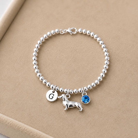 Dachshund Gift for Her, Sausage Dog Bracelet with Initial, Dog Lover Gift for Women, Dog Mum Birthday Christmas Gift