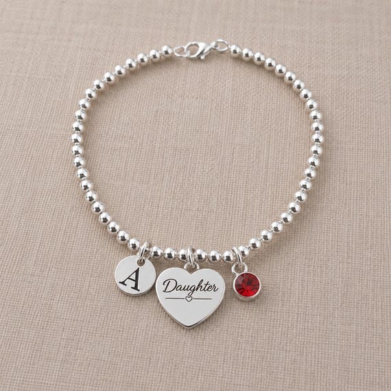 Daughter Birthday Gift, Personalised Daughter Bracelet, Initial & Birthstone Bracelet, Birthday Gift for Daughter from Mum, Silver Bracelet