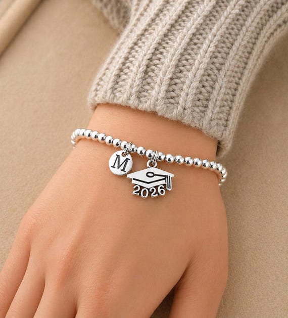 2026 Graduation Bracelet, Silver Plated Beads, Initial Charm