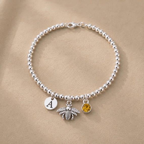 Bee Bracelet for Women, Personalised Bee Bracelet, Bee Lover Gift, Initial Birthstone Jewellery, Birthday Gift for Her, Christmas Gift