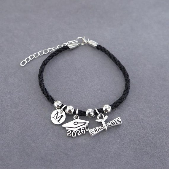 Graduation Charm Bracelet, Initial, Cap & Diploma, Student Gift